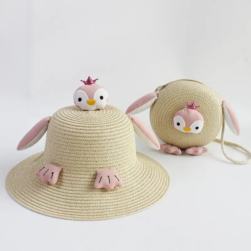 Children Kids Baby Fashion Girls Cartoon Penguin Woven Straw Shoulder Bag And Hat - Venus Trendy Fashion Online