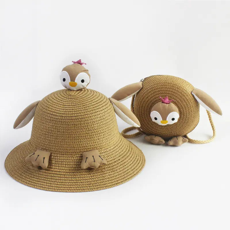 Children Kids Baby Fashion Girls Cartoon Penguin Woven Straw Shoulder Bag And Hat - Venus Trendy Fashion Online