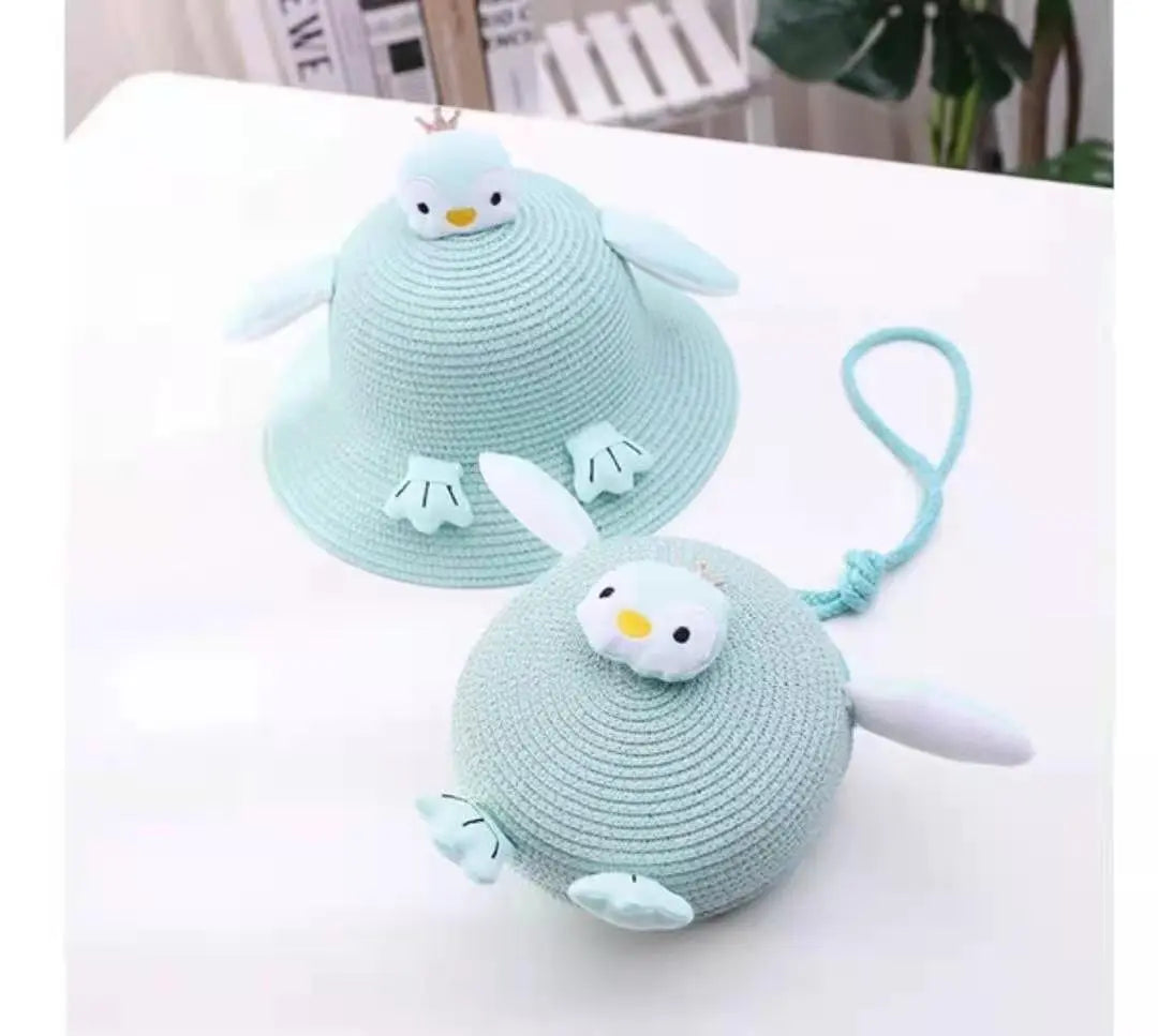 Children Kids Baby Fashion Girls Cartoon Penguin Woven Straw Shoulder Bag And Hat - Venus Trendy Fashion Online