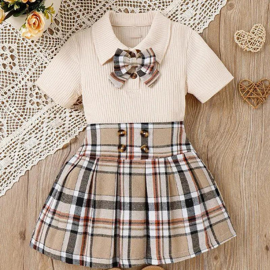 Children Kids Toddlers Fashion Girls Basic Casual Short Sleeve Lapel Bow Top And Plaid Skirt 2pcs Set - Venus Trendy Fashion Online