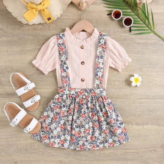 Children Kids Toddlers Fashion Girls Solid Color Short Sleeve Top And Flower Strap Skirt 2pcs Set - Venus Trendy Fashion Online