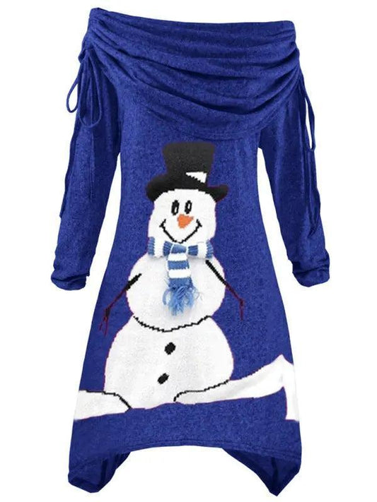 Christmas women's snowman print pleated collar irregular drawstring dress - Venus Trendy Fashion Online