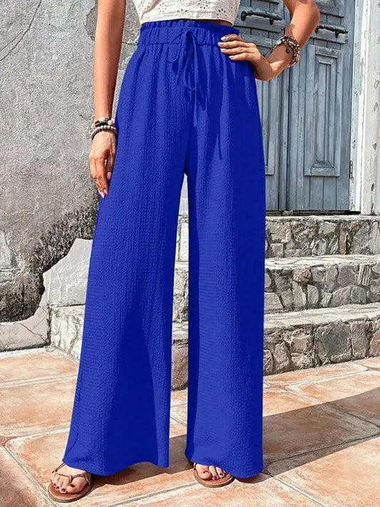 Elastic waist puff plaid casual wide leg pants