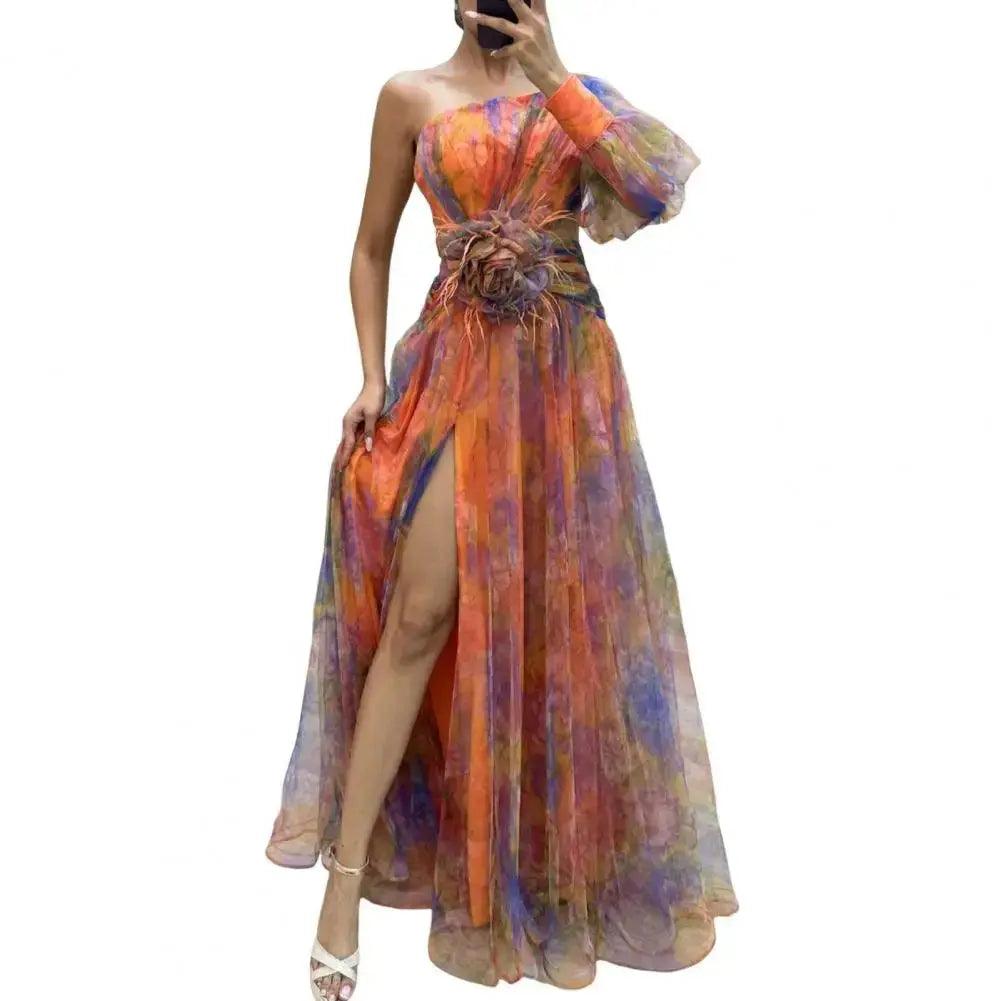 Elegant One Shoulder Tie-dye Ball Gown Evening Dress - Venus Trendy Fashion Online