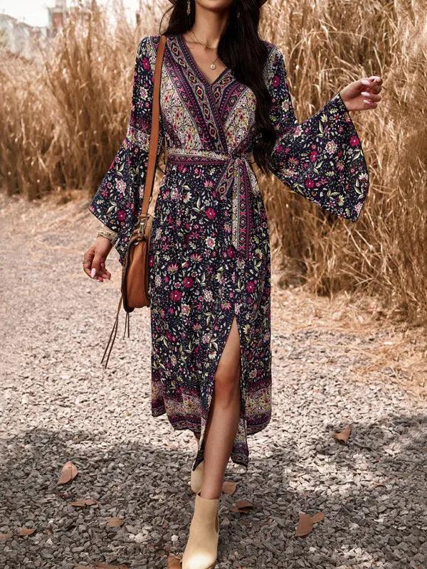 Elegant casual printed V-neck A-line dress - Venus Trendy Fashion Online