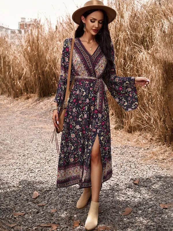 Elegant casual printed V-neck A-line dress - Venus Trendy Fashion Online