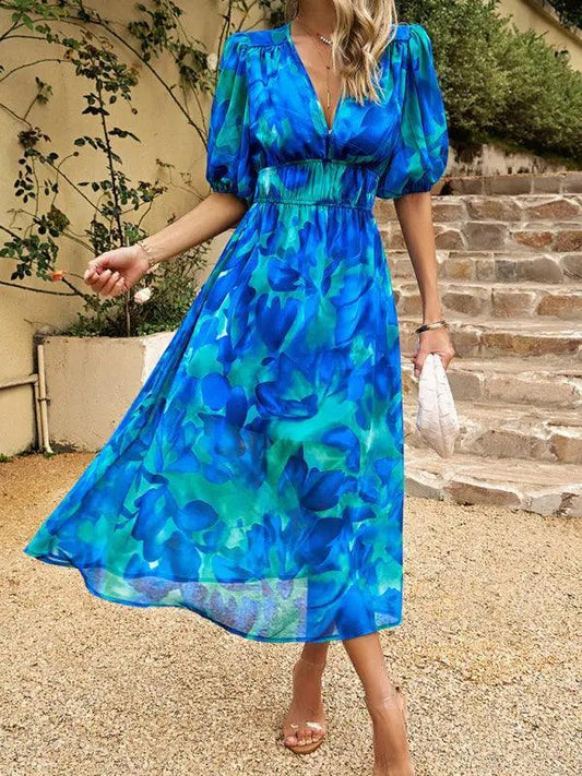 Elegant waist V-neck holiday bohemian print dress - Venus Trendy Fashion Online