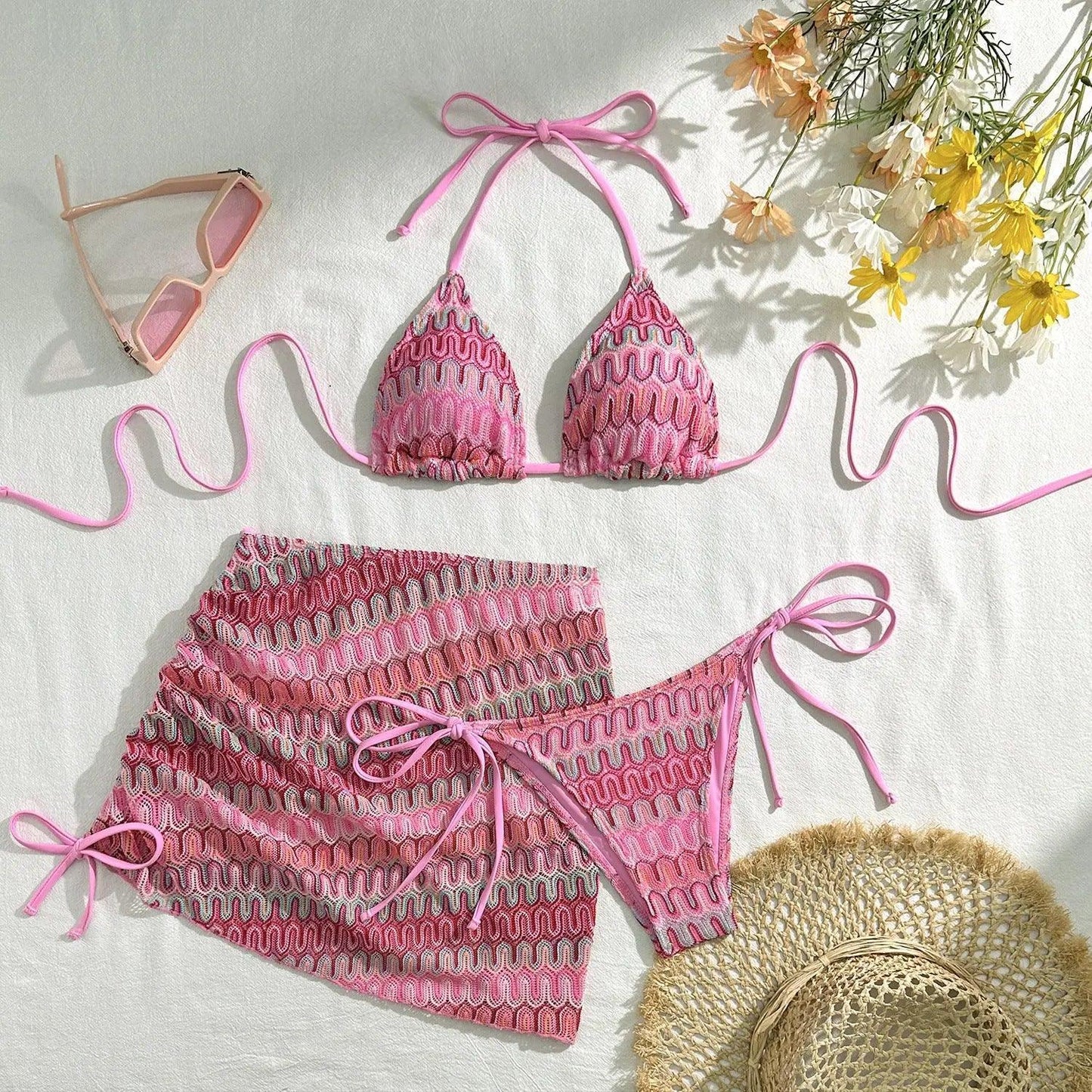 Embroidery Gradient Sexy Three Piece Swimsuit - Venus Trendy Fashion Online