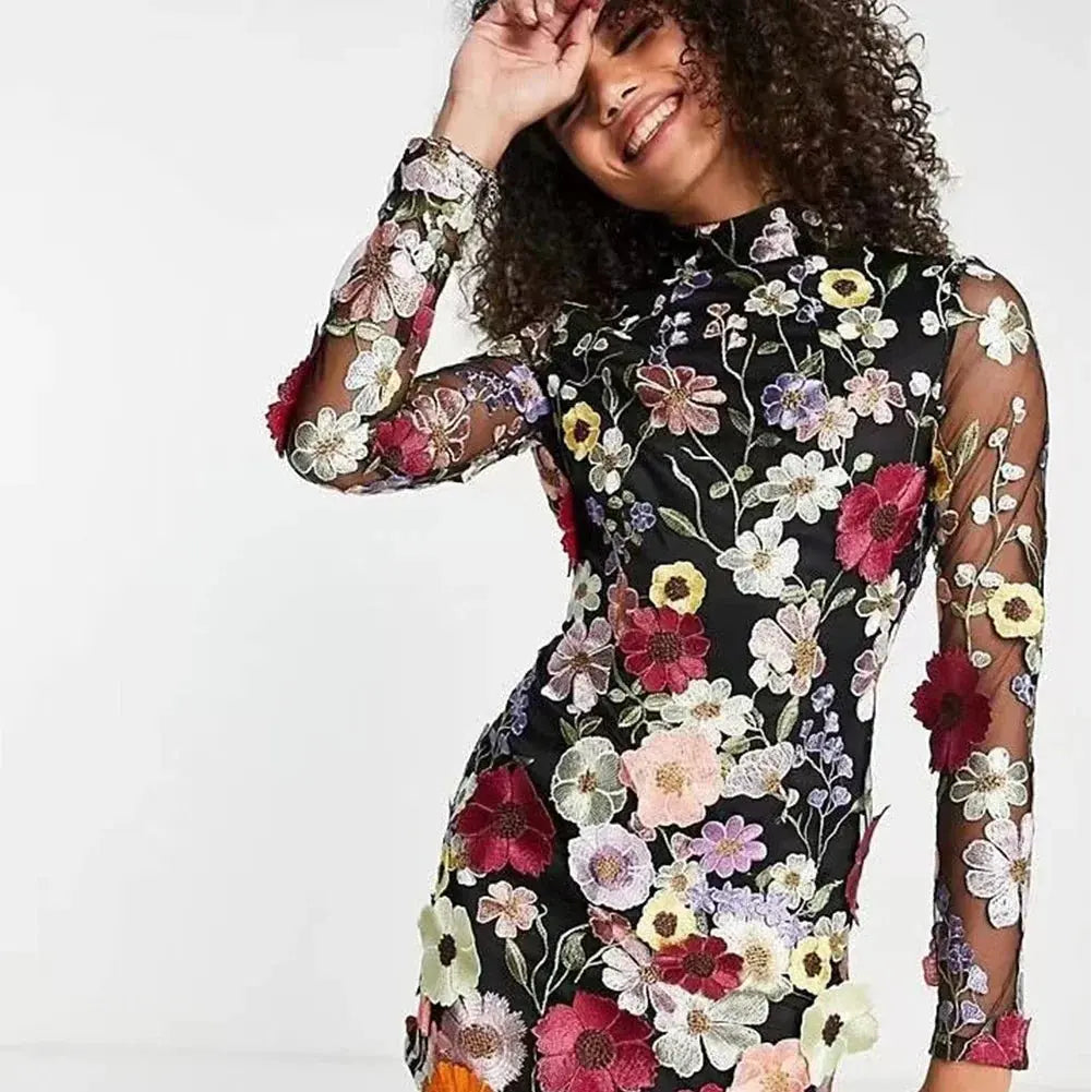 Floral Embroidery Elegant Luxury Women Mini Dress - Venus Trendy Fashion Online