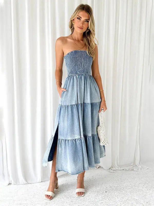 Fresh and sweet hem spliced side slit strapless cake denim long dress - Venus Trendy Fashion Online