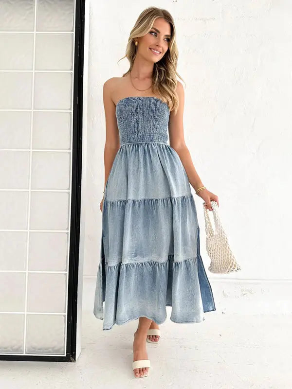 Fresh and sweet hem spliced side slit strapless cake denim long dress - Venus Trendy Fashion Online