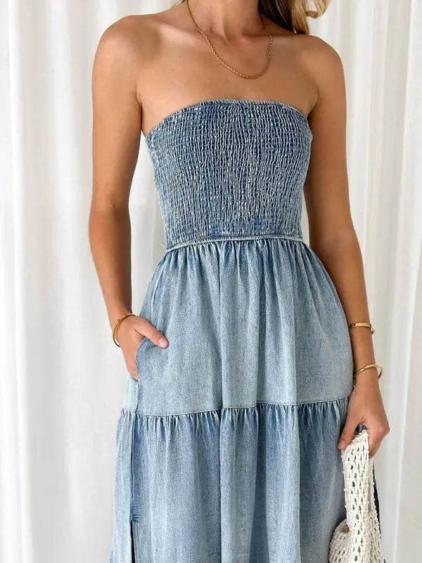 Fresh and sweet hem spliced side slit strapless cake denim long dress - Venus Trendy Fashion Online