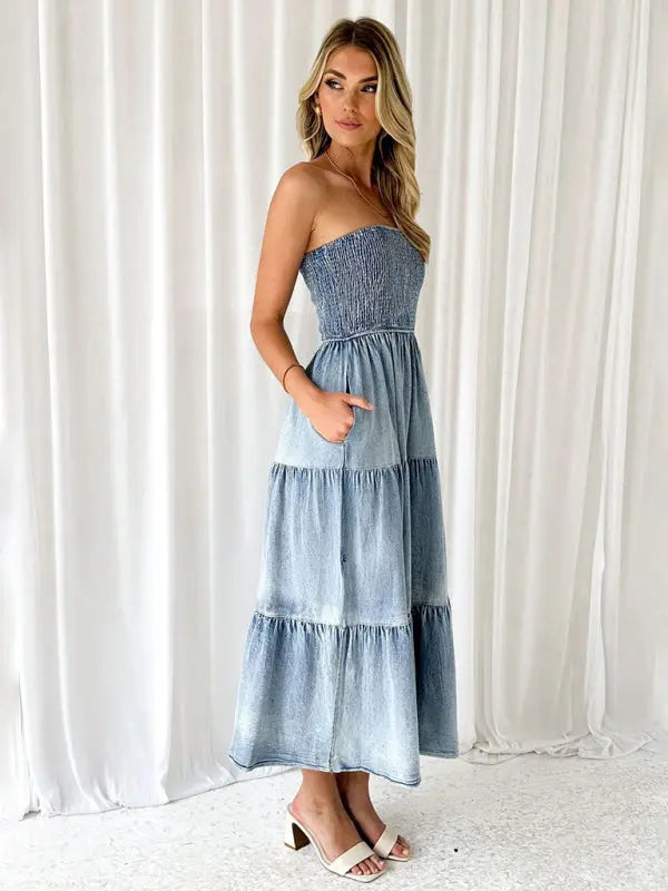 Fresh and sweet hem spliced side slit strapless cake denim long dress - Venus Trendy Fashion Online