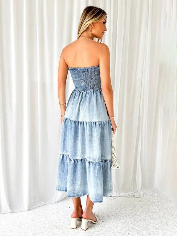 Fresh and sweet hem spliced side slit strapless cake denim long dress - Venus Trendy Fashion Online