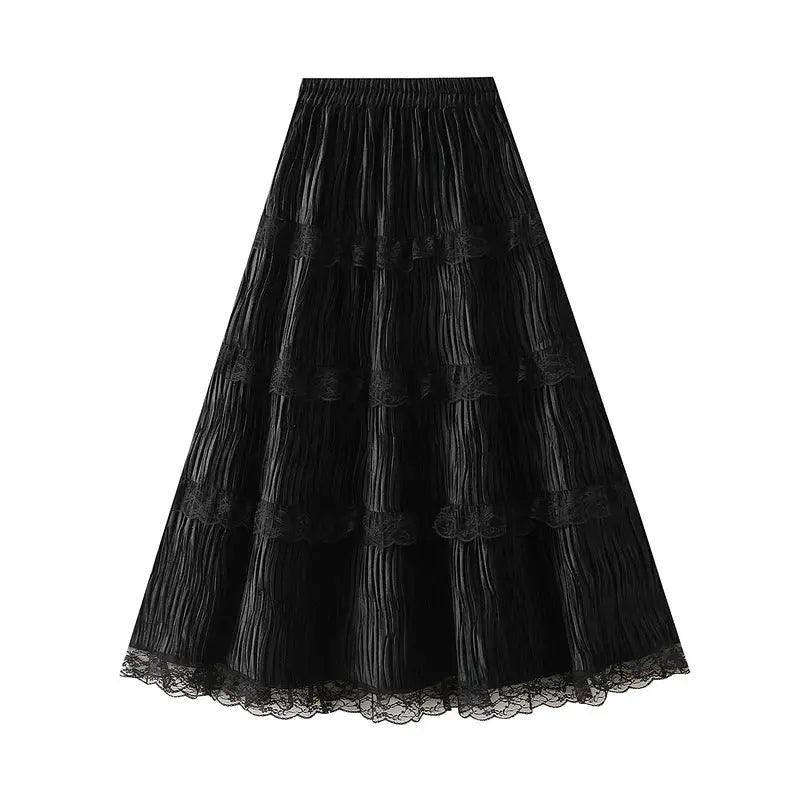 Gentle Velvet Stitching Lace Tiered Skirt - Venus Trendy Fashion Online