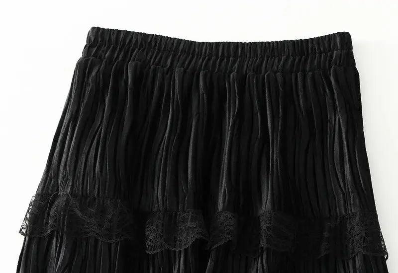 Gentle Velvet Stitching Lace Tiered Skirt - Venus Trendy Fashion Online