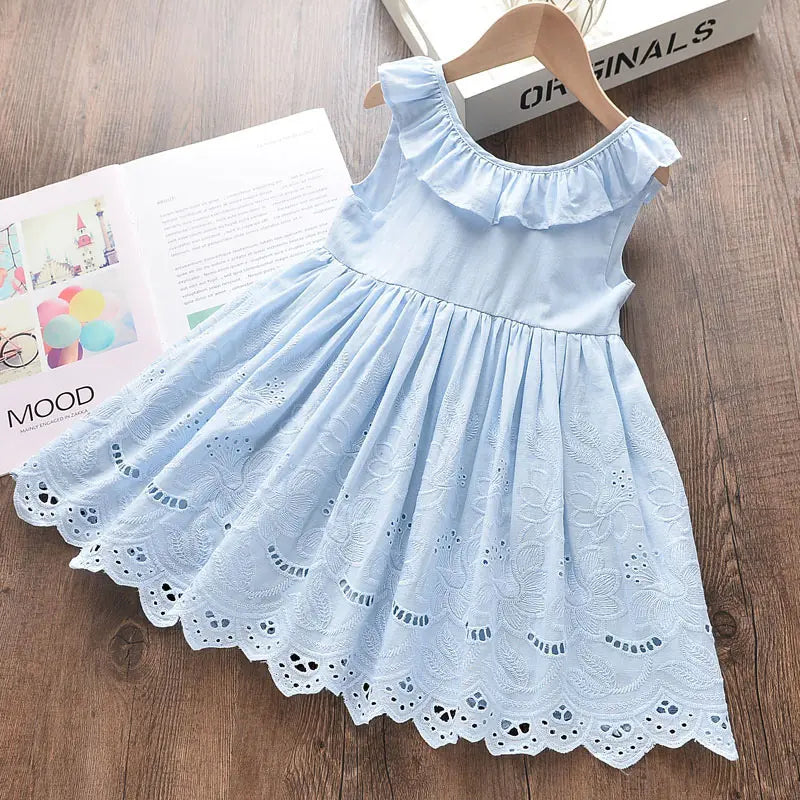 Girls Basic Solic Color Ruffled Hollow Out Flower Embroidery Sleeveless Dress - Venus Trendy Fashion Online