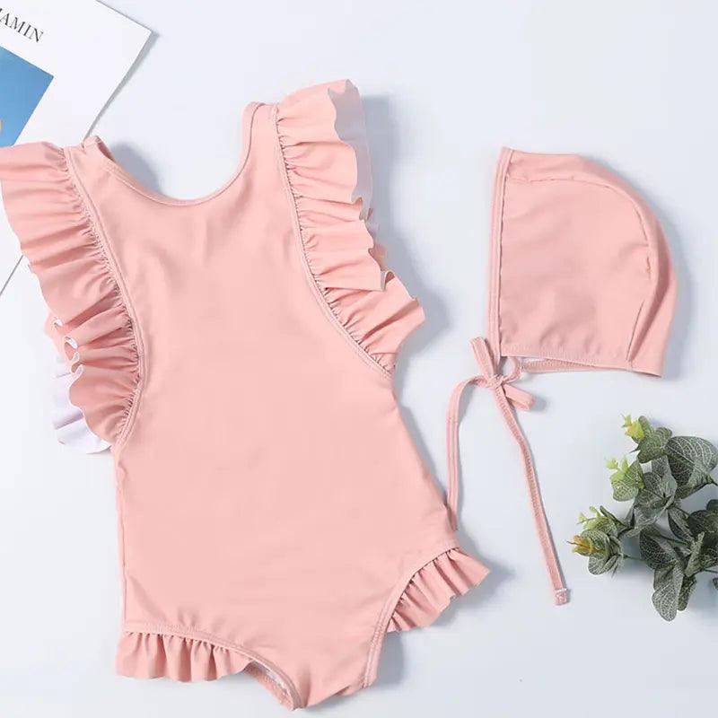 Girls Basic Solid Color Ruffled Romper With Hat - Venus Trendy Fashion Online