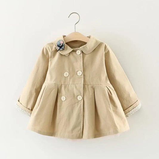 Girls Cute Cat Embroidered Lapel Design Pleated Lower Hem Wind Coat - Venus Trendy Fashion Online