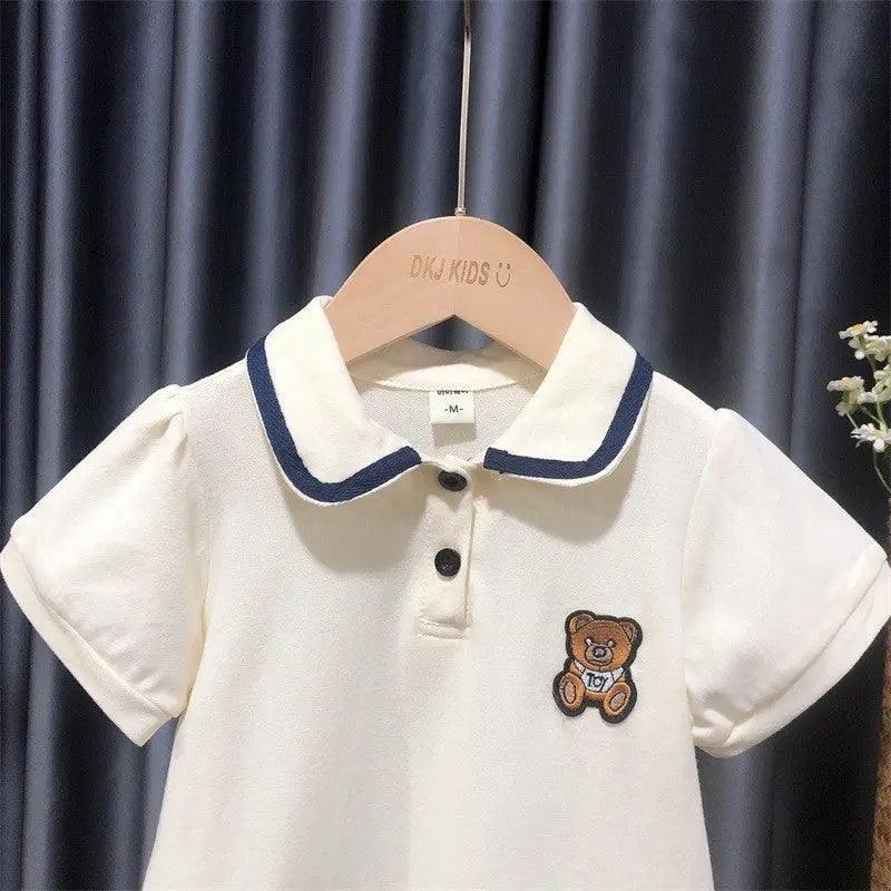 Girls Short Sleeve Bear Lapel Dress - Venus Trendy Fashion Online