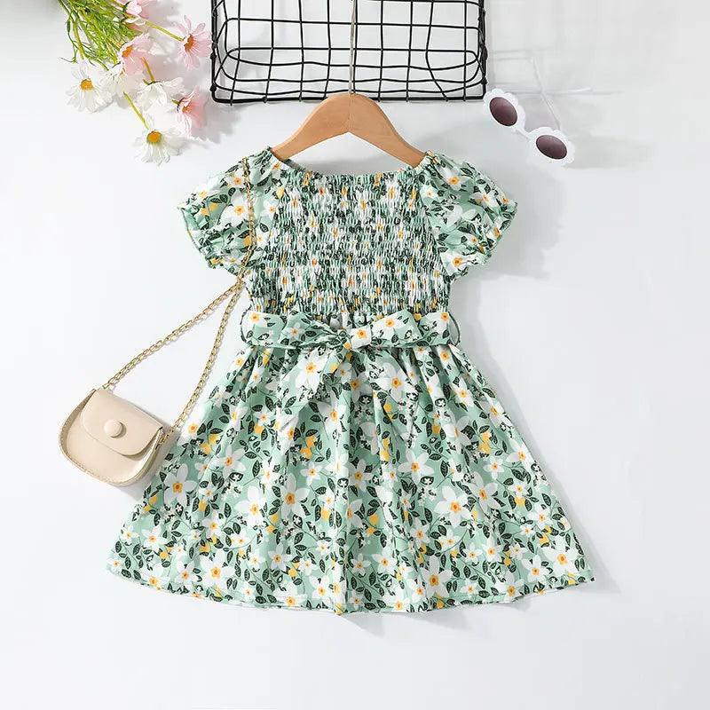 Girls Short Sleeve Flower Print Sweet Dress - Venus Trendy Fashion Online