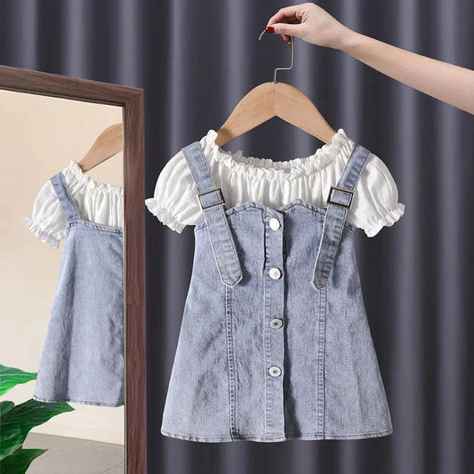 Girls Short Sleeve White Top And Denim Skirt 2pcs Set - Venus Trendy Fashion Online