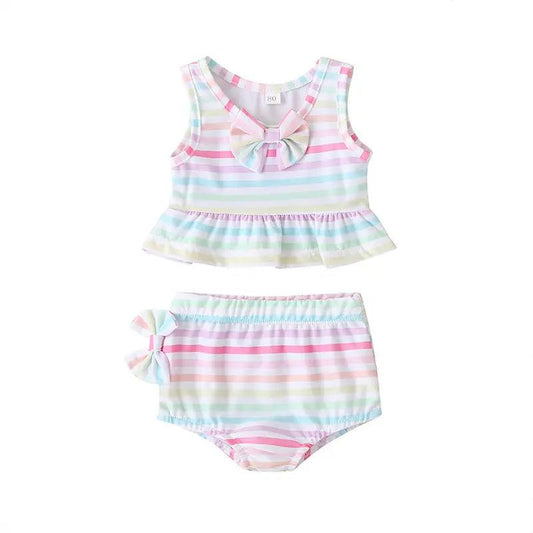 Girls Simple Bowknot Decor Striped Tops And Shorts Swimwear - Venus Trendy Fashion Online