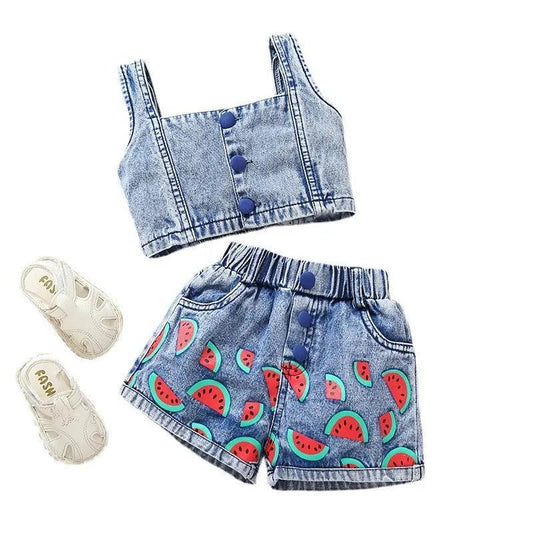 Girls Sleeveless Camisole Top And Watermelon Denim Shorts 2pcs Set - Venus Trendy Fashion Online