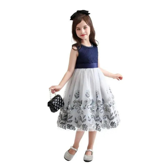 Girls Sleeveless Embroidered Flower Bow Mesh Princess Festival Party Dress - Venus Trendy Fashion Online