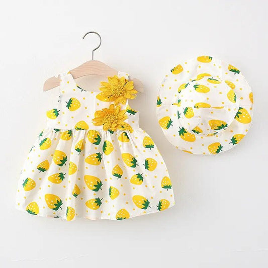 Girls Sleeveless Flower Heart Print Dress And Hat 2pcs Set - Venus Trendy Fashion Online