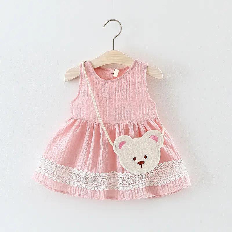 Girls Sleeveless Lace Dress And Bear Bag 2pcs Set - Venus Trendy Fashion Online