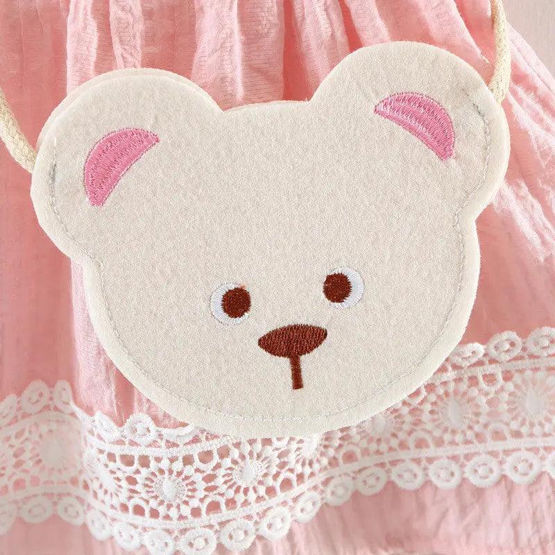 Girls Sleeveless Lace Dress And Bear Bag 2pcs Set - Venus Trendy Fashion Online