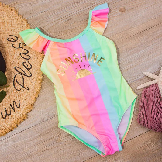 Girls Sweet Colorful Striped Ruffled Summer Beachwear Swimwear - Venus Trendy Fashion Online