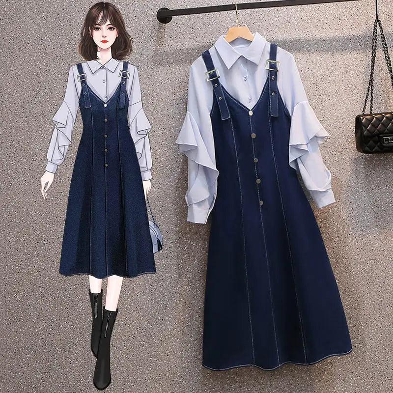 Womens Ruffle Shirt Suspender Denim Dress Two-Piece Sets - Venus Trendy Fashion Online