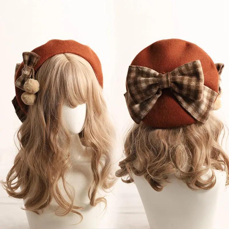 Plaid beret British fashion bow hat - Venus Trendy Fashion Online