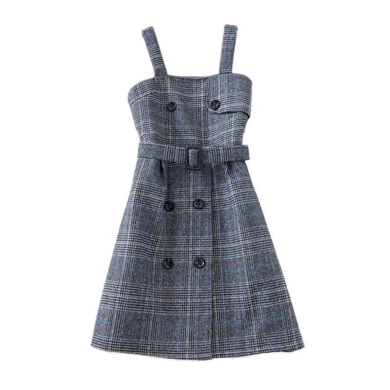 Women Plaid Woolen Spaghetti Strap Dress With Belt - Venus Trendy Fashion Online