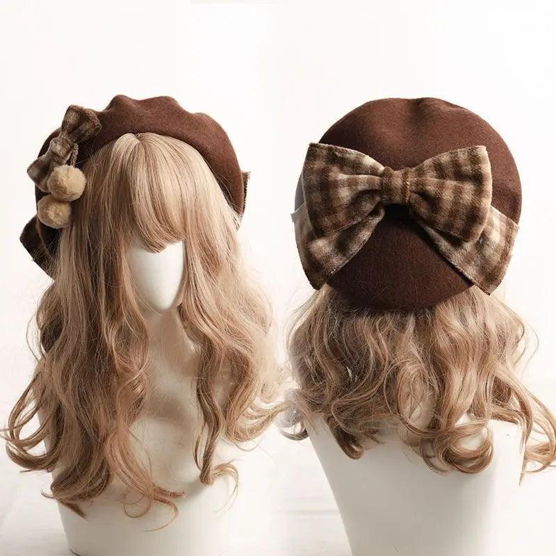 Plaid beret British fashion bow hat - Venus Trendy Fashion Online