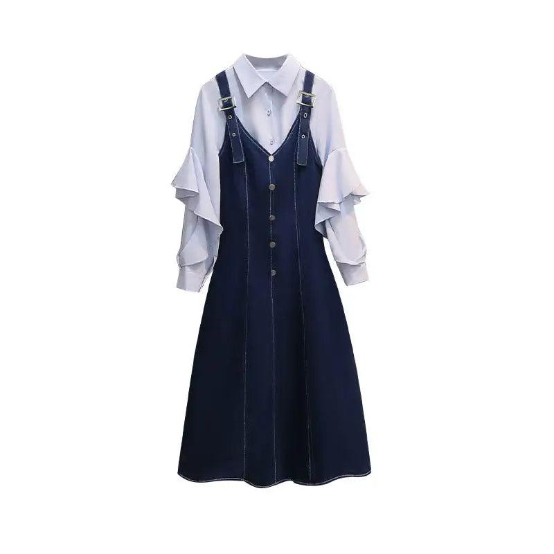 Womens Ruffle Shirt Suspender Denim Dress Two-Piece Sets - Venus Trendy Fashion Online