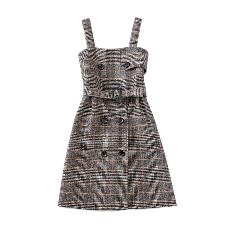 Women Plaid Woolen Spaghetti Strap Dress With Belt - Venus Trendy Fashion Online