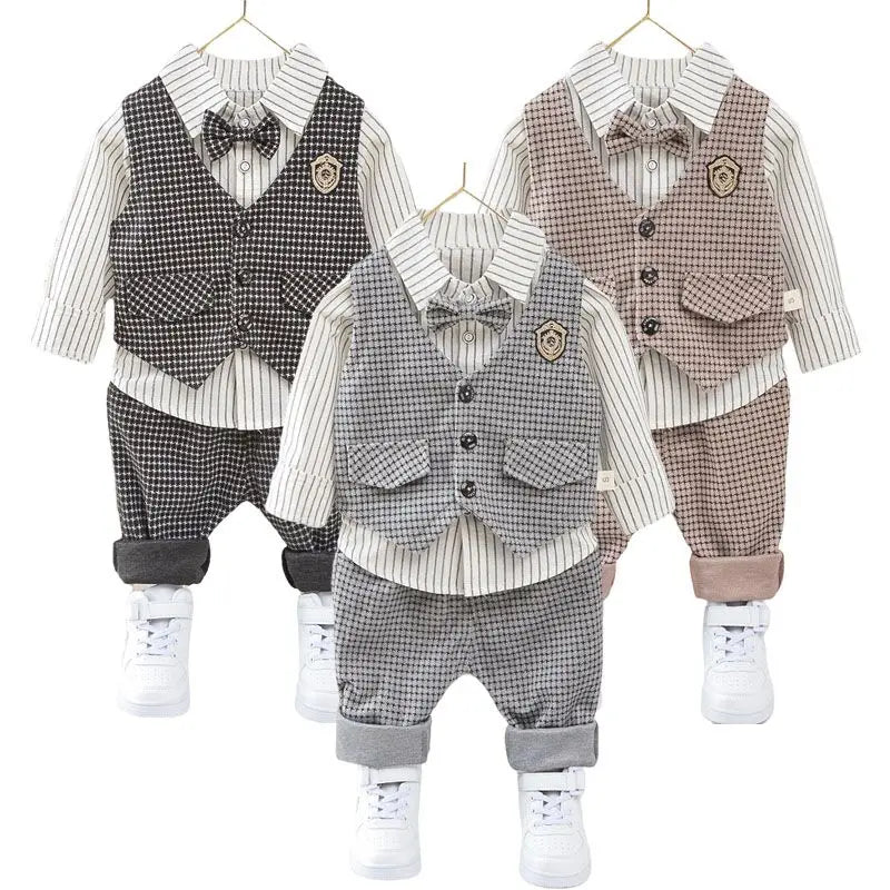 Elegant Baby Boy Casual Wear Striped Shirt Vest Pants Sets
