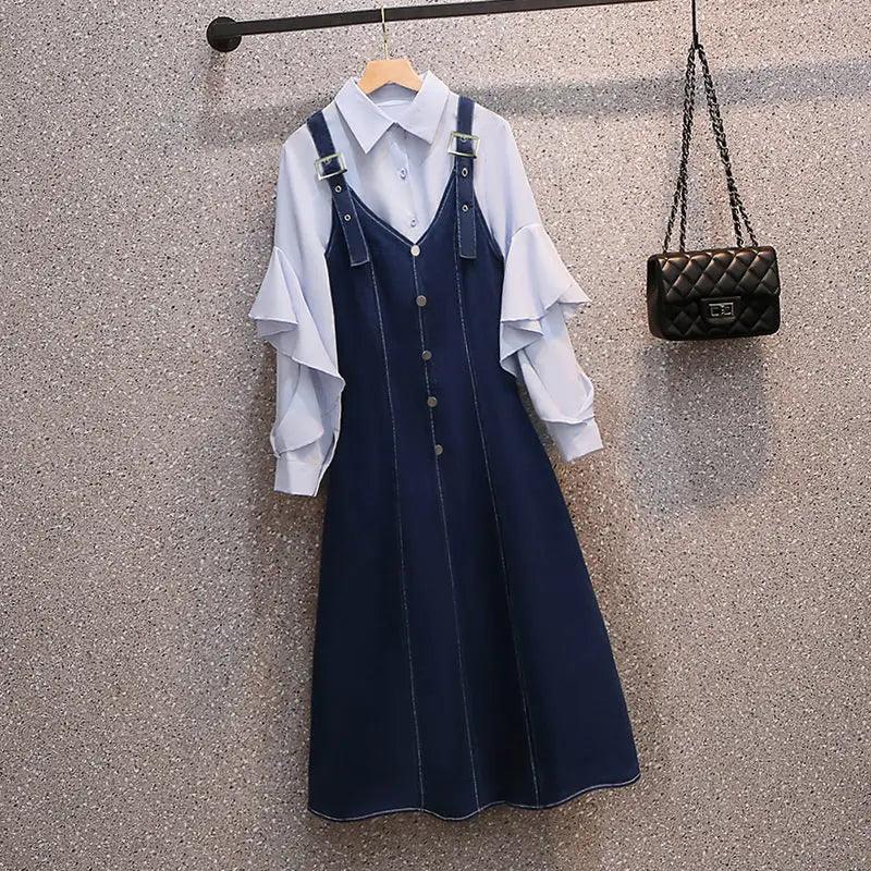 Womens Ruffle Shirt Suspender Denim Dress Two-Piece Sets - Venus Trendy Fashion Online