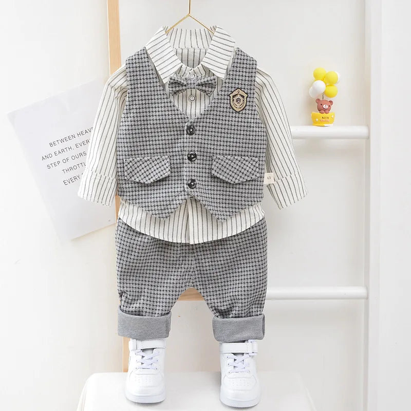 Elegant Baby Boy Casual Wear Striped Shirt Vest Pants Sets