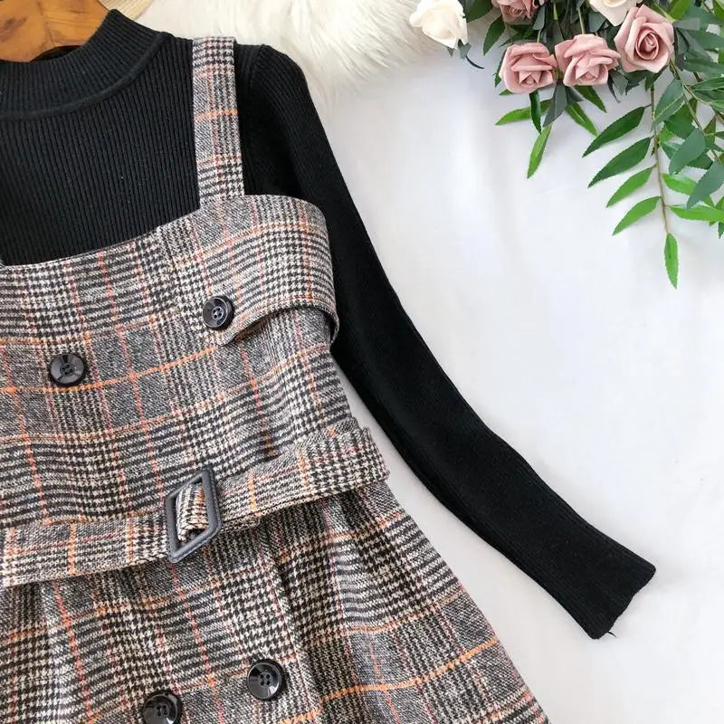 Women Plaid Woolen Spaghetti Strap Dress With Belt  Venus Trendy Fashion Online