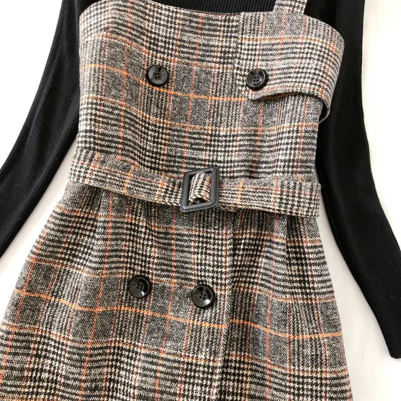 Women Plaid Woolen Spaghetti Strap Dress With Belt - Venus Trendy Fashion Online