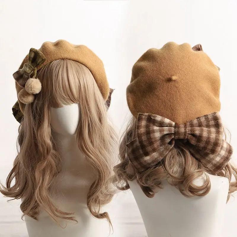 Plaid beret British fashion bow hat - Venus Trendy Fashion Online