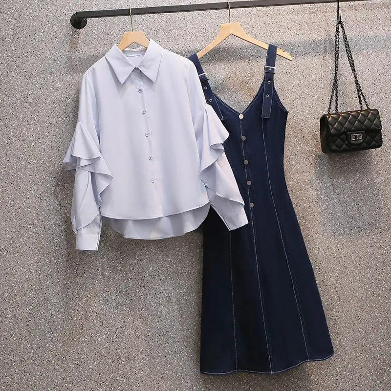 Womens Ruffle Shirt Suspender Denim Dress Two-Piece Sets - Venus Trendy Fashion Online