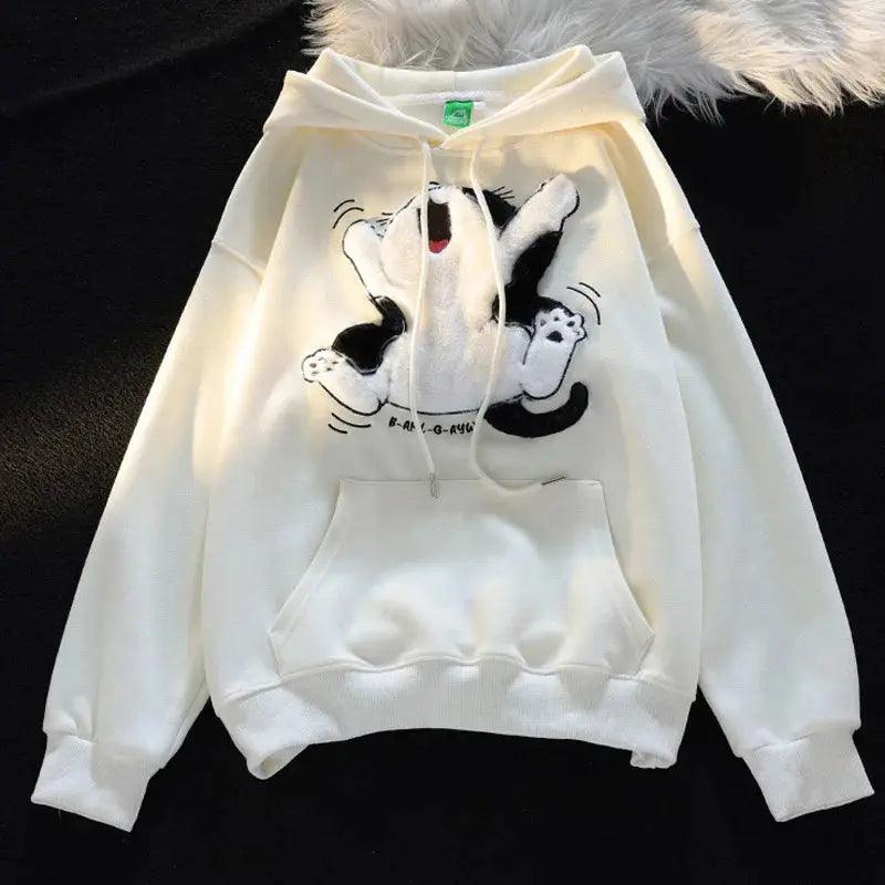 Kawaii Flock Embroidery Cartoon Cat Patchwork Hoodies - Venus Trendy Fashion Online