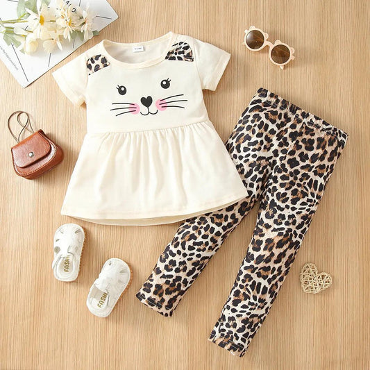 Kids Baby Fashion Girls Short Sleeve Cat Leopard Print T-Shirt And Pants 2pcs Set - Venus Trendy Fashion Online