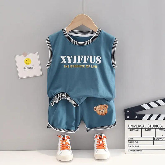 Kids Casual Round Neck Sleeveless Letter Pattern Vest And Bear Pattern Elastic Shorts Set - Venus Trendy Fashion Online