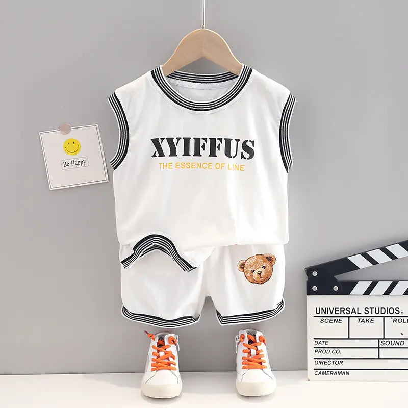 Kids Casual Round Neck Sleeveless Letter Pattern Vest And Bear Pattern Elastic Shorts Set - Venus Trendy Fashion Online